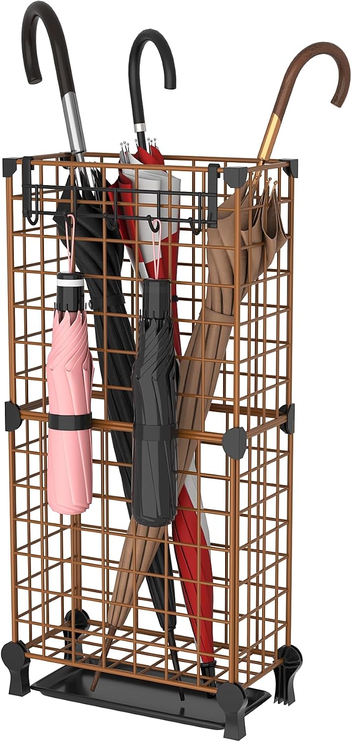 AWTATOS Umbrella Holder Entryway, Umbrella Stand Freestanding, Brown | Metal Square Umbrella Rack Organizer with a Removable Drip Tray, Hooks