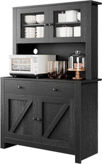GarveeHome Kitchen Pantry Cabinet with Microwave Stand, Freestanding Hutch Cabinet with Buffet Cupboard, Tall Kitchen Cabinets with Adjustable Shelves for Dining Room, Black