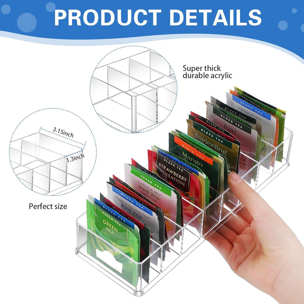 Cinnvoice 2 Pcs Tea Bag Storage Acrylic Clear Tea Drawer Organizer for Drawers, Kitchen, Cabinets, Pantry, Countertops