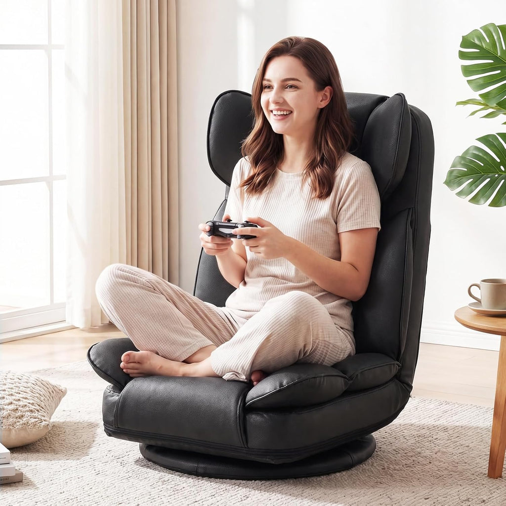 Giantex 360° Swivel Floor Gaming Chair, Folding Lazy Lounger Couch with 6-Position Adjustable Backrest & Sponge Filling, Lazy Sofa Lounge Chair, Video Gaming Chair for Reading, Relaxing (Black)