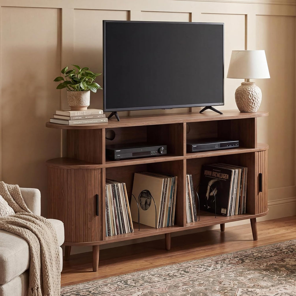 55-Inch Large Vinyl Record Rack with Charging Station, Mid-Century Walnut Record Storage Shelf, Open-Shelf Design with 3 Compartments, Vinyl Album Organizer for the Bedroom or Living Room