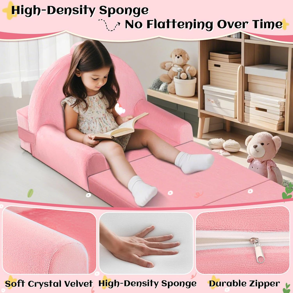 Unicorn Kids Sofa Bed with Removable Washable Cover & Hook and Loop Backrest – Foldable Toddler Chair, Cozy Crystal Velvet Furniture for Playtime, Naps & Travel (Pink, Unicorn Design)
