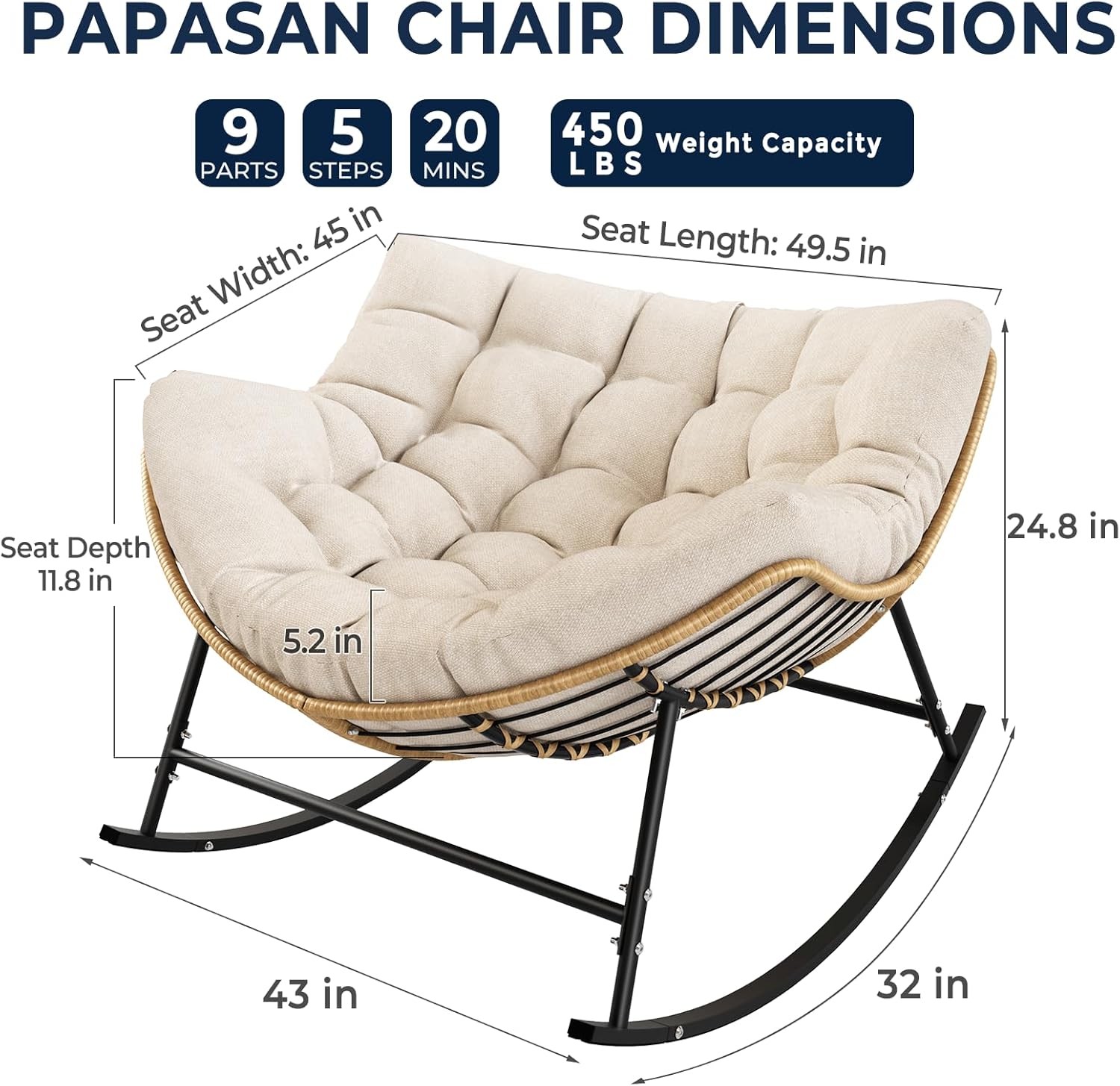 SWITTE Outdoor Oversized Rocking Papasan Chair, Indoor Wicker Egg Lounge with Thick Cushion, 450 lbs Heavy Duty Comfy Patio Rocker Chair for Balcony, Porch, Indoor Living Room, Beige