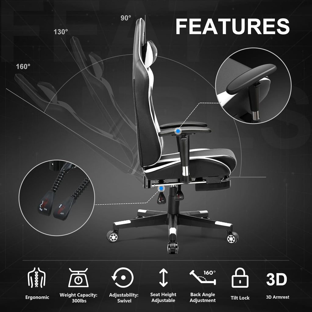GTPLAYER Gaming Chair with Footrest, Ergonomic Computer Game Desk Chair, Recline Gaming Chair Seat Height Adjustment, Swivel Rocker with Headrest and Lumbar (White)