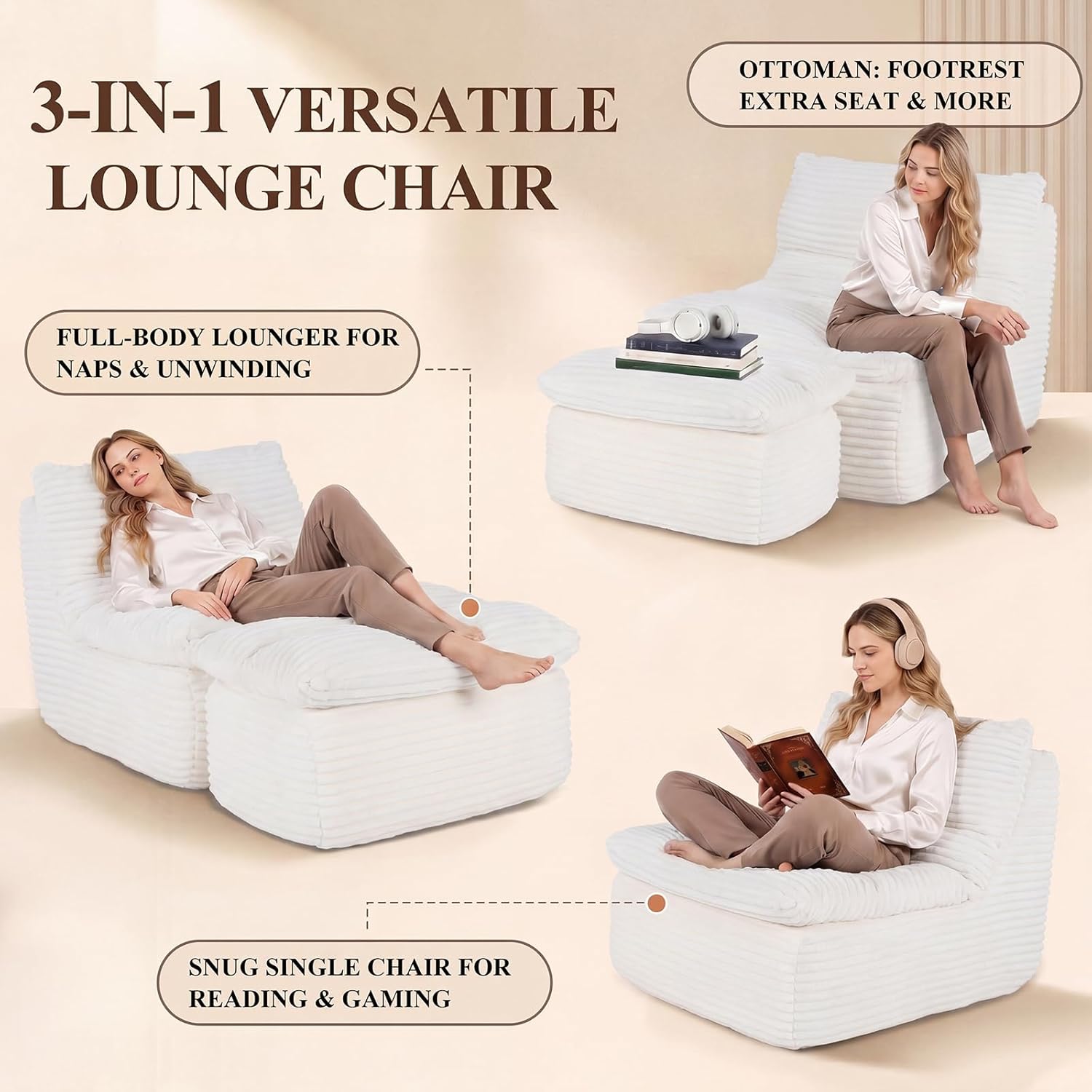 Boneless Chaise Lounge Chair, Faux Fur Ergonomic Chair with Ottoman, High Density Memory Foam No Assembly Lazy Sofa, Indoor Leisure Couch for Living Room Bedroom Office Apartment