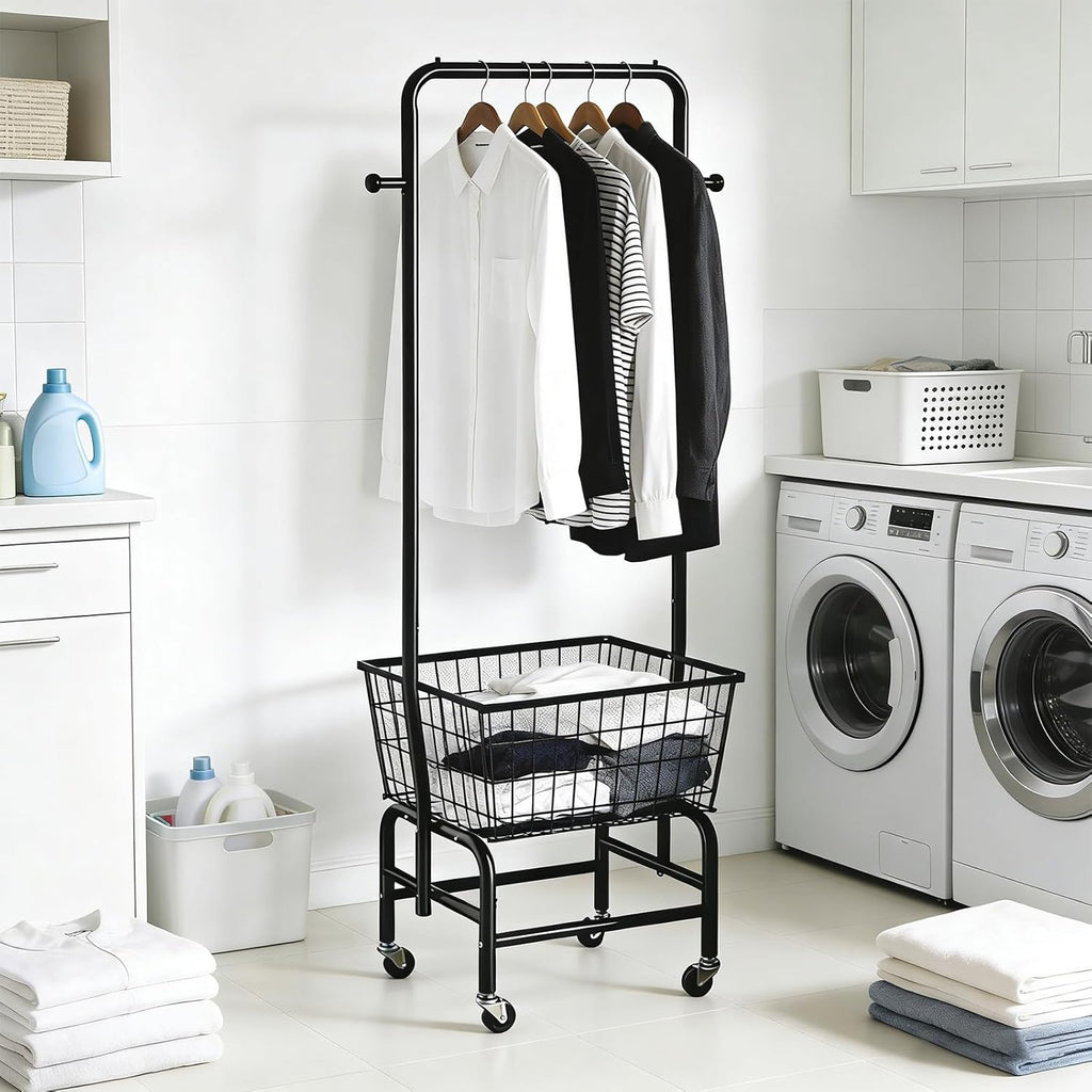 Rolling Laundry Cart with Hanging Rack Metal Laundry Basket with Wheels Laundry Hamper with Storage Basket and Shelf for Laundry Room Organization Black