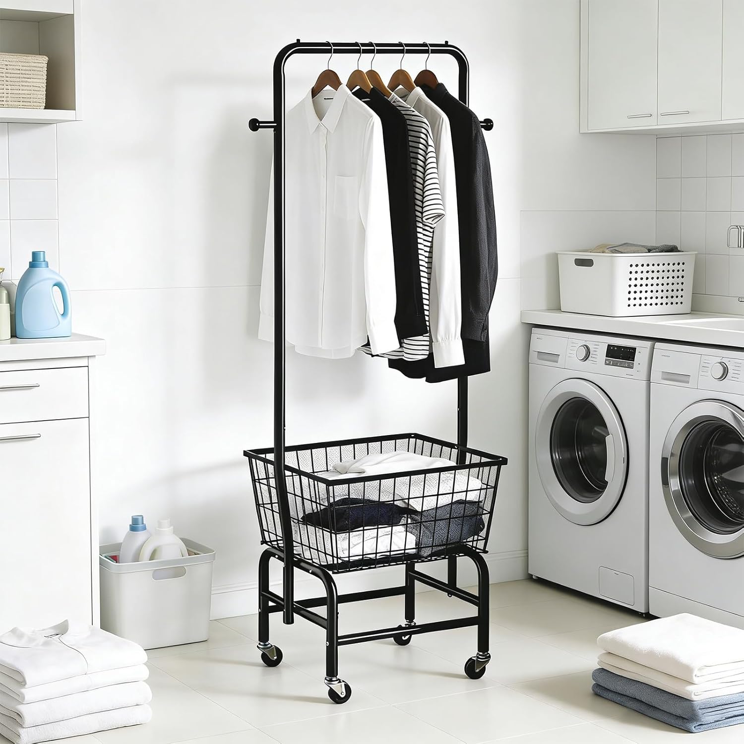 Rolling Laundry Cart with Hanging Rack Metal Laundry Basket with Wheels Laundry Hamper with Storage Basket and Shelf for Laundry Room Organization Black