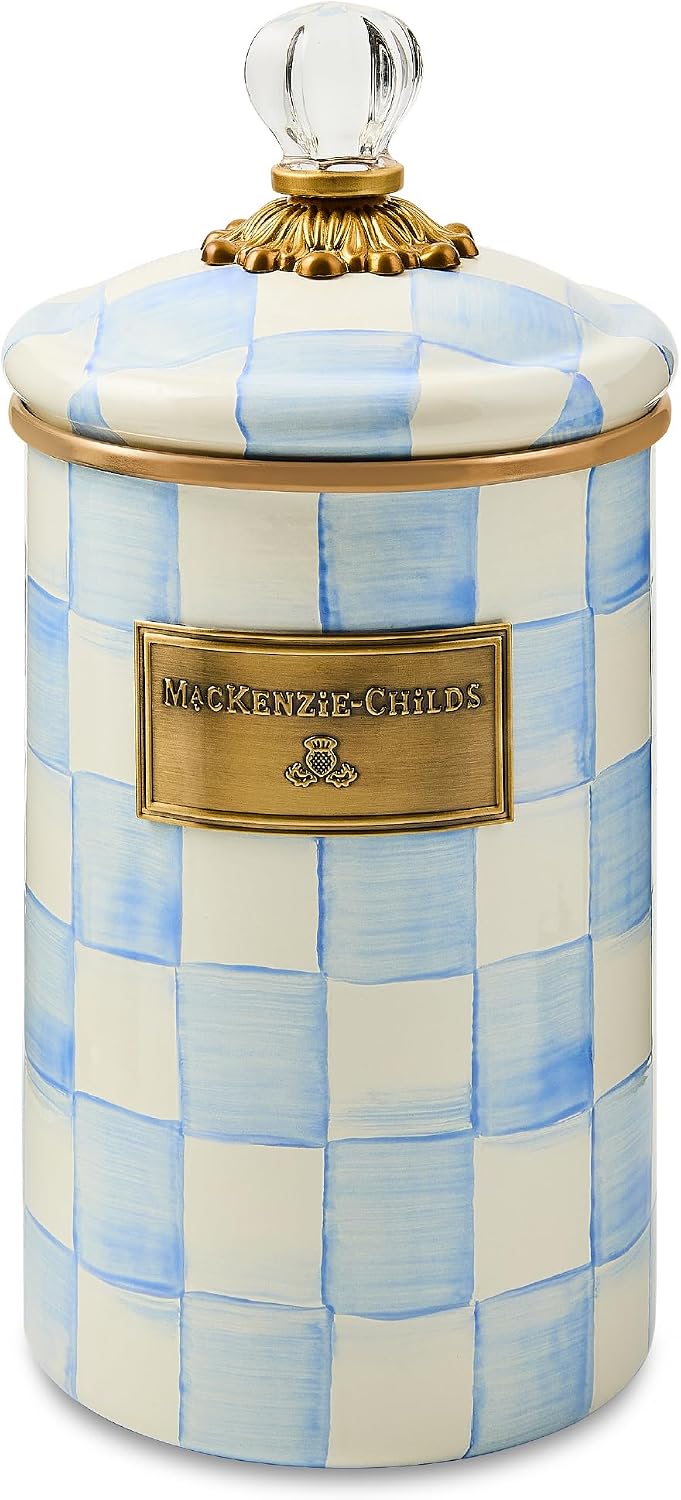 MACKENZIE-CHILDS Enamel Canister, Kitchen Storage Container with Lid, Large, 64-Ounce Capacity, Light-Blue-and-White Sky Check