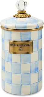 MACKENZIE-CHILDS Enamel Canister, Kitchen Storage Container with Lid, Large, 64-Ounce Capacity, Light-Blue-and-White Sky Check