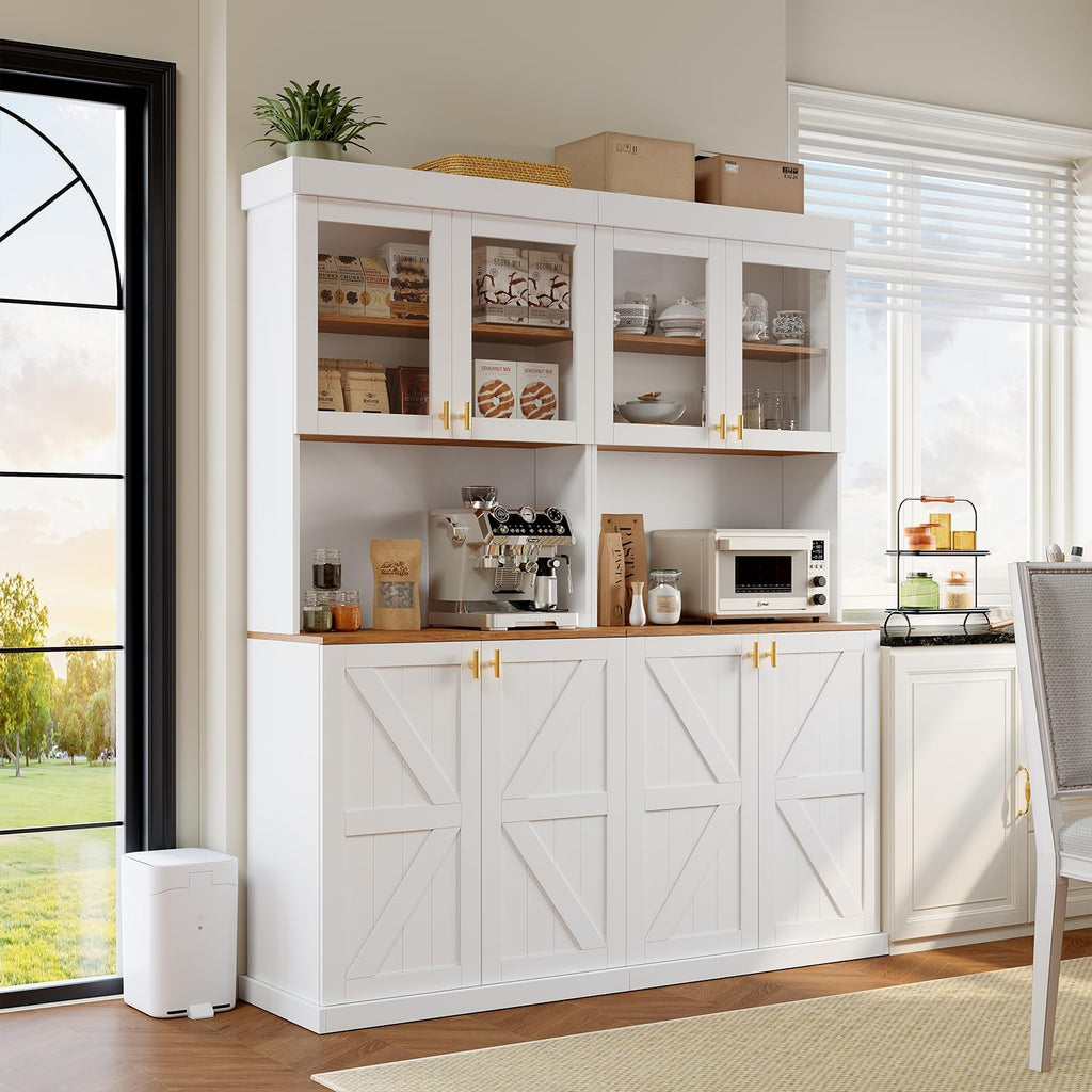 Farmhouse Kitchen Pantry Cabinet Set of 2, 71-Inch Tall Storage Cabinet with Glass Doors, Coffee Bar Hutch with Microwave Stand and Adjustable Shelves for Kitchen, Dining Room, Living Room, White
