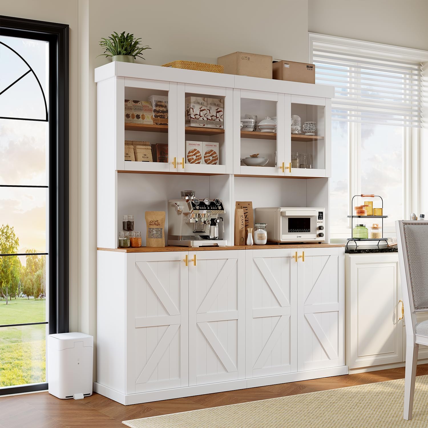 Farmhouse Kitchen Pantry Cabinet Set of 2, 71-Inch Tall Storage Cabinet with Glass Doors, Coffee Bar Hutch with Microwave Stand and Adjustable Shelves for Kitchen, Dining Room, Living Room, White