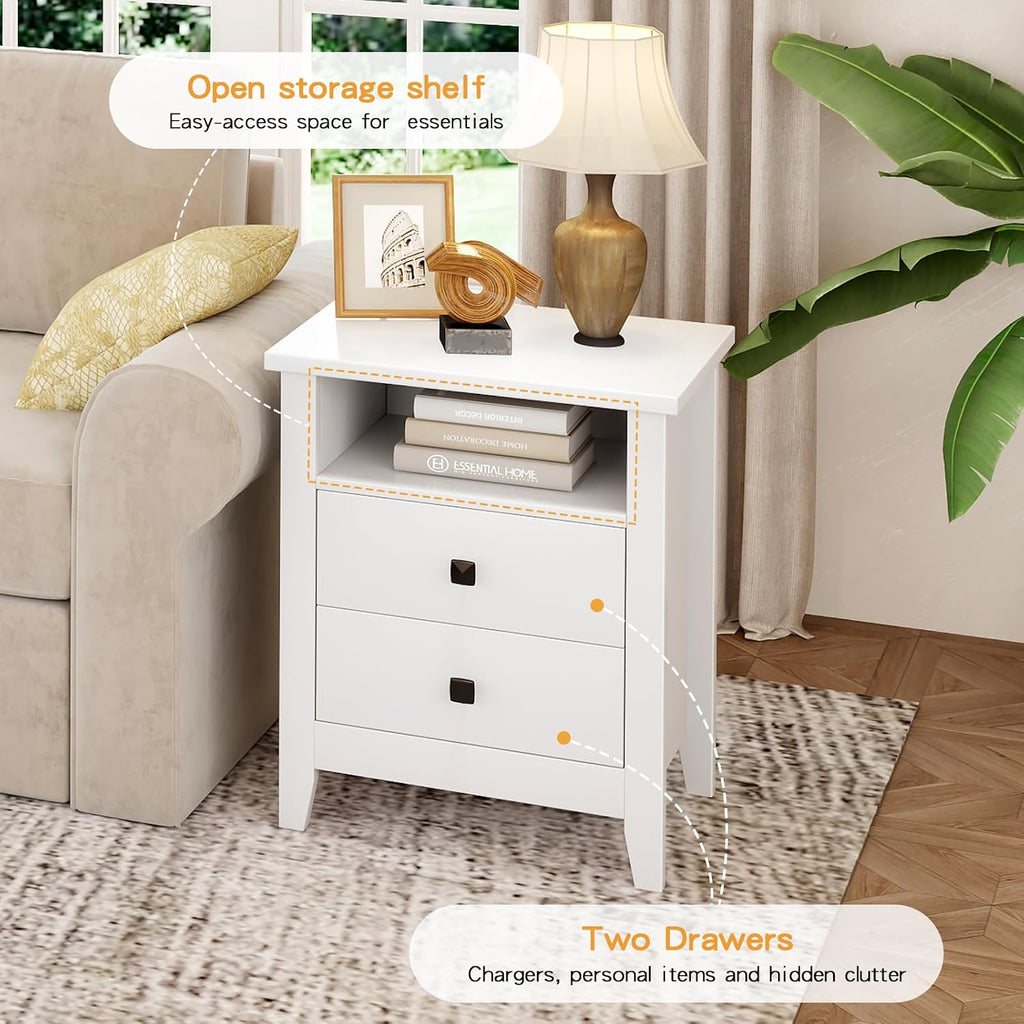 JSB Farmhouse Nightstand Set of 2 with 2 Drawers, Open Shelf for Bedroom | Night Stand, End Table,Bed Side, Side Table with Storage for Bedroom Kids Room Living Room, Holds 110 lbs,Sturdy, White