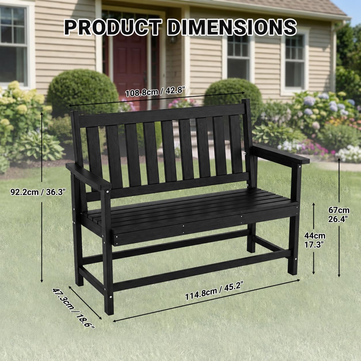 Outdoor Bench, HDPE Weatherproof Garden Bench, 48 Inches 2-Person Patio Bench for Outdoors, Porch Backyard Park Furniture, 660 lbs Weight Capacity, Black