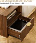 Masupu Night Stand,Mid-Century Modern Bedside Table with Storage Drawer and Open Wood Shelf,Small Gold Frame Side Table for Bedroom,Living Room, Walnut