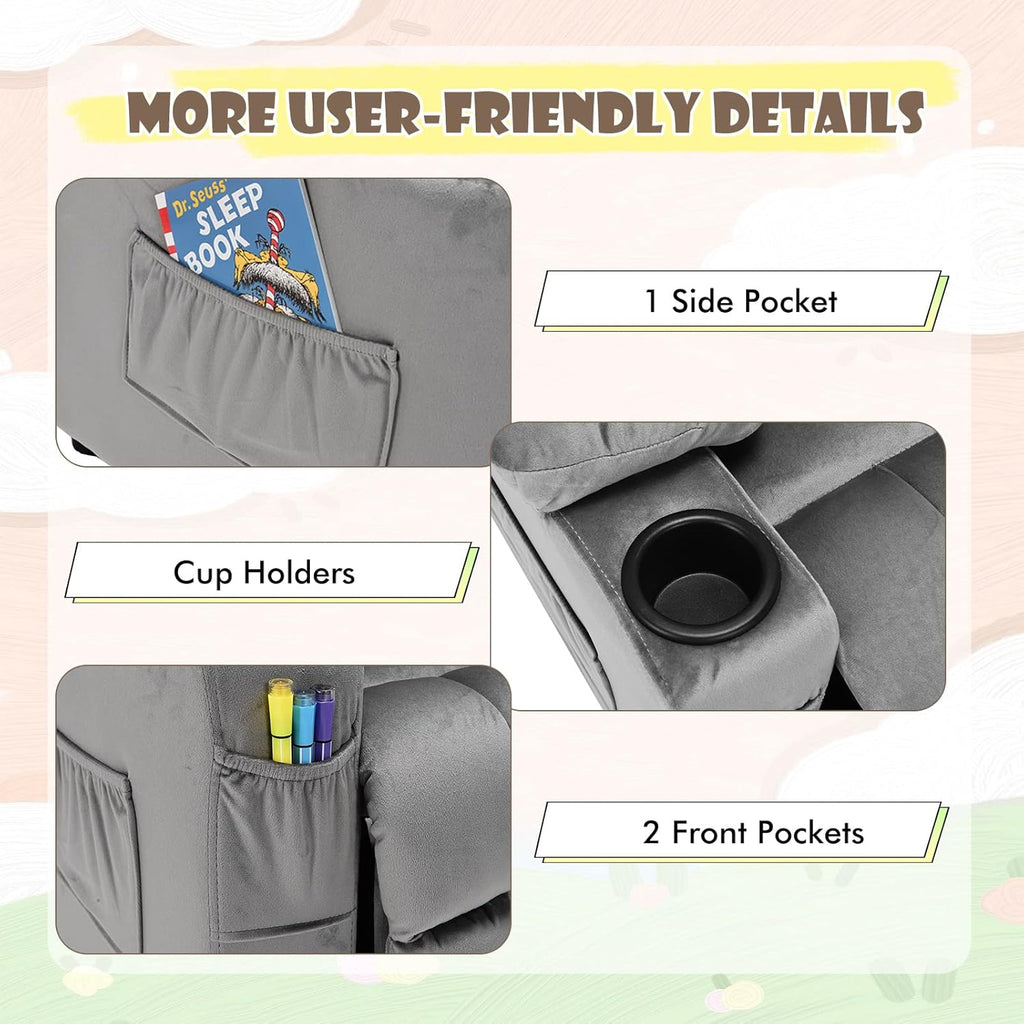 COSTWAY Larger Kids Recliner Chair, Adjustable Lounge Recliner w/ 2 Cup Holders, 1 Side Pocket, 2 Front Pockets, Footrest, Velvet Fabric Recliner for Boys & Girls, Ideal for Bedroom (Grey)
