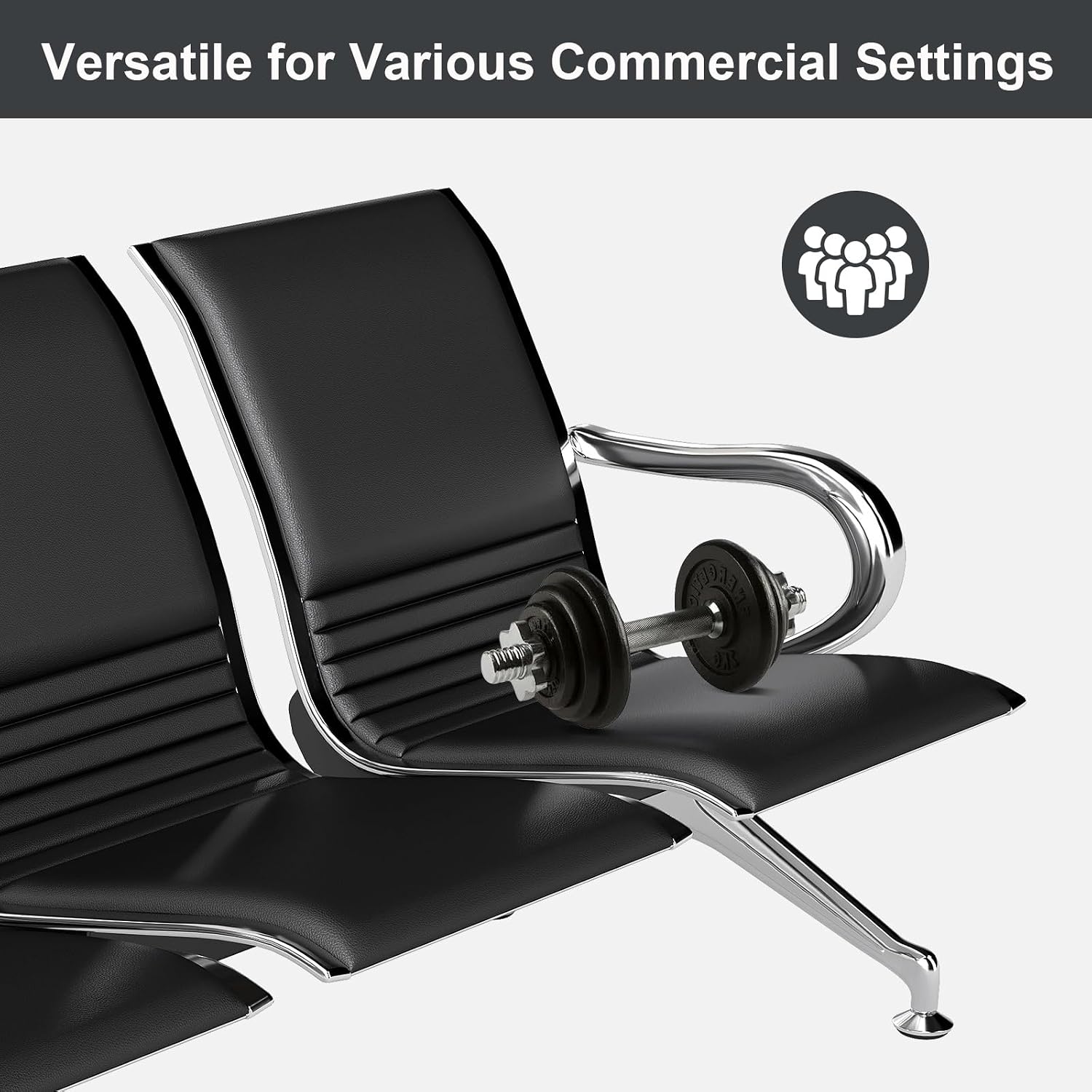 Kinsuite 2-Seat Waiting Room Bench - All PU Leather Waiting Room Chairs with Arms & Non-Slip Foot Mats, Reception Chairs Guest Chair for Office Airport Bank Salon, Black
