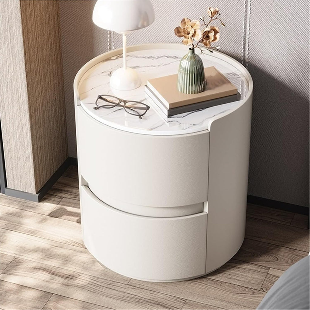 Modern Round Nightstand with 2 Drawers Wooden Bedside Table Minimalist Night Stand with Storage End Table Side Table for Interior ﻿ Living Room Multi Scenario Use(White,45x45x50cm)