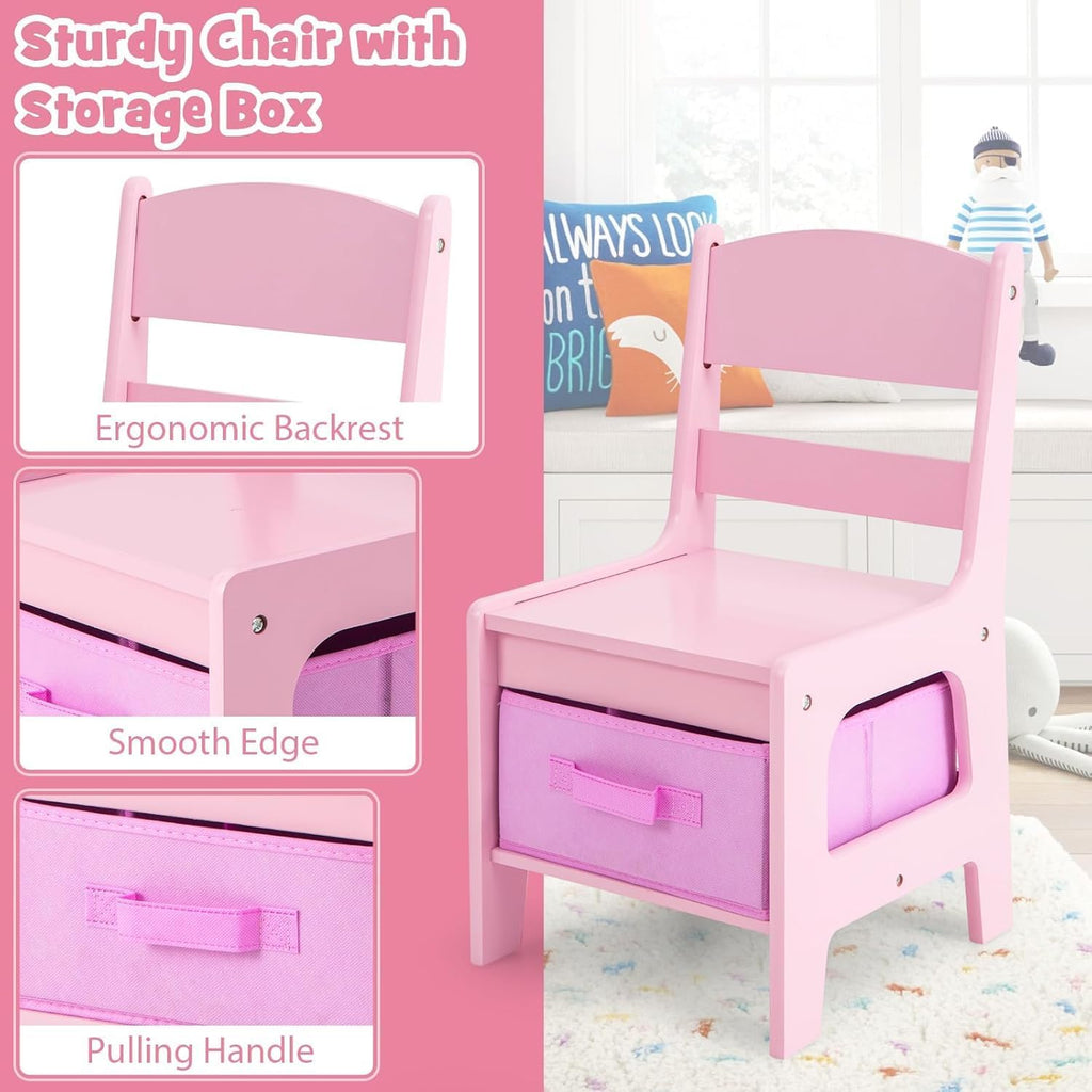 LDAILY Kids Table and Chairs, 3 in 1 Wooden Kids Table with Storage Drawer, Removable Blackboard, Reversible Tabletop, Toddler Table and Chair Set for Drawing, Reading (Pink)