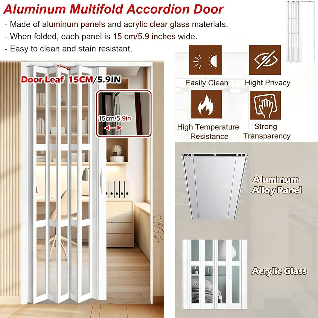 PVC Waterproof Accordion Door, Tall White Sliding Accordion Doors with Handles & Acrylic Glass, Customizable Size/Color Folding Door, Folding Double Doors for Home/Office,42x78in