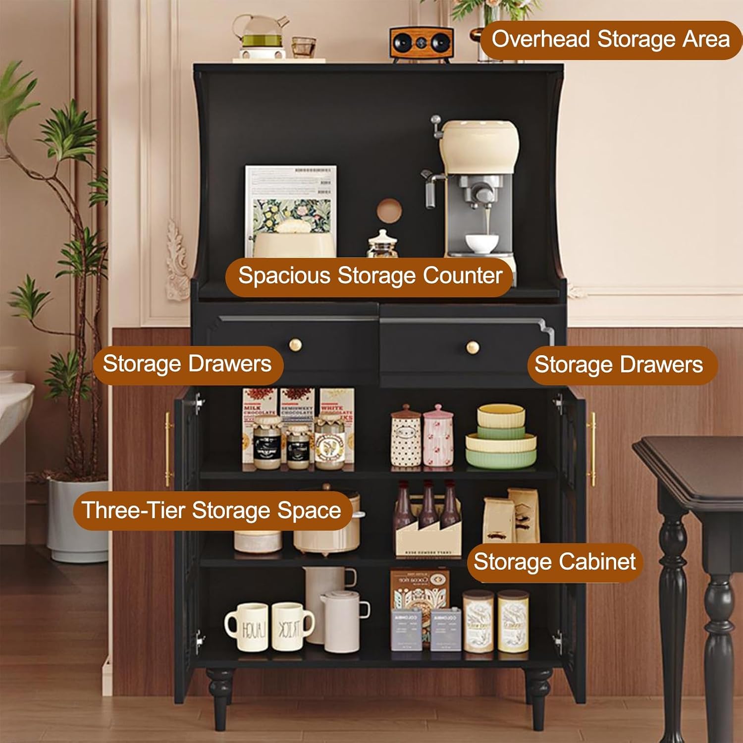 Kitchen Pantry Cabinet, Tall Storage Cabinet, Arched Bookshelf Bookcase, Coffee Bar Workstation, Tall Food Pantry Funiture for Living Room,Dining Room(Black,135x80cm/53.1x31.5in)