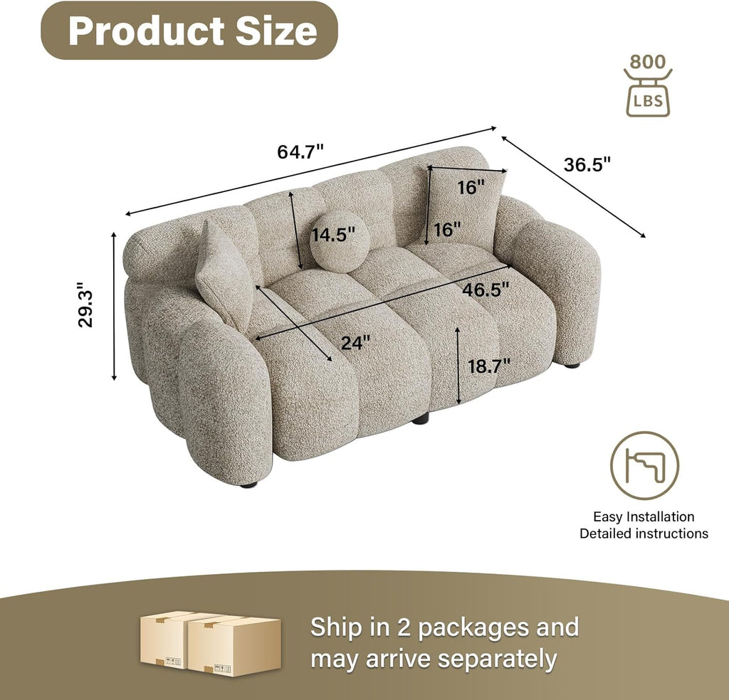 DAMAIFROM 65" Chenille Cloud Sofa Couch, Modern Deep Seat Loveseat Sofa, Comfy Upholstered Couch with 3 Pillows, Oversized Accent Armchair for Living Room Apartment Office, Light Brown