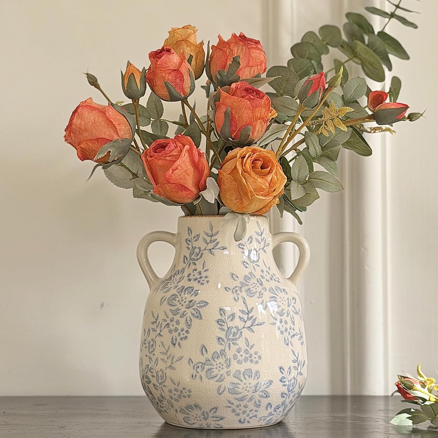 Ceramic Vase Vintage Flower Vase, Blue and White Chinoiserie Floral Decorative Vase, Rustic Retro Large Farmhouse Crackle Finish Vases with Handle for Flowers Home Decor Living Room, SoftBlue-02, 8.1”