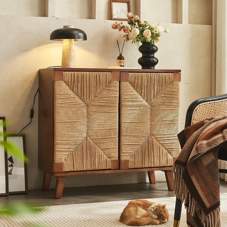 Entryway Cabinet Nordic Wooden Rattan Dining Sideboard Simple Storage Cabinet Living Room Porch Rack Sideboard Storage Cabinet