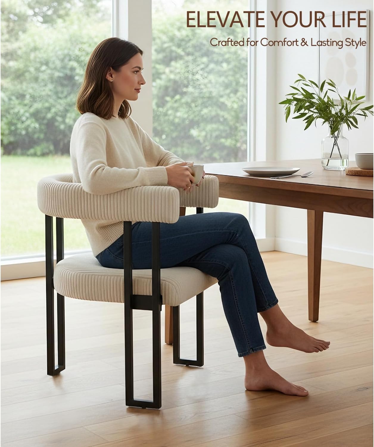 VIRRMO Boucle Corduroy Upholstered Dining Chair Set of 6 with Metal Legs Mid Century Modern Kitchen Chairs for Dining Room in Cream