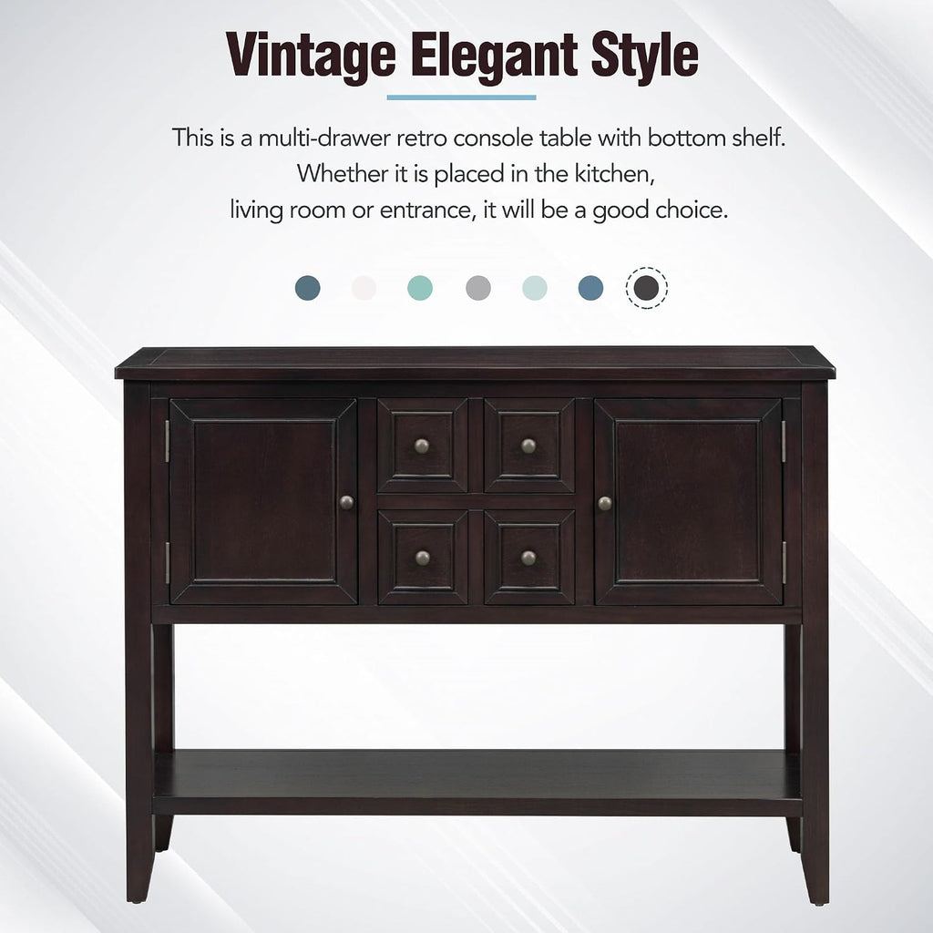 Knocbel Vintage Wood Console Table Buffet Sideboard with 4 Storage Drawers, 2 Cabinets & Bottom Shelf, Entryway Hallway Foyer Table Cupboard Coffee Bar Cabinet (Espresso 44.5")