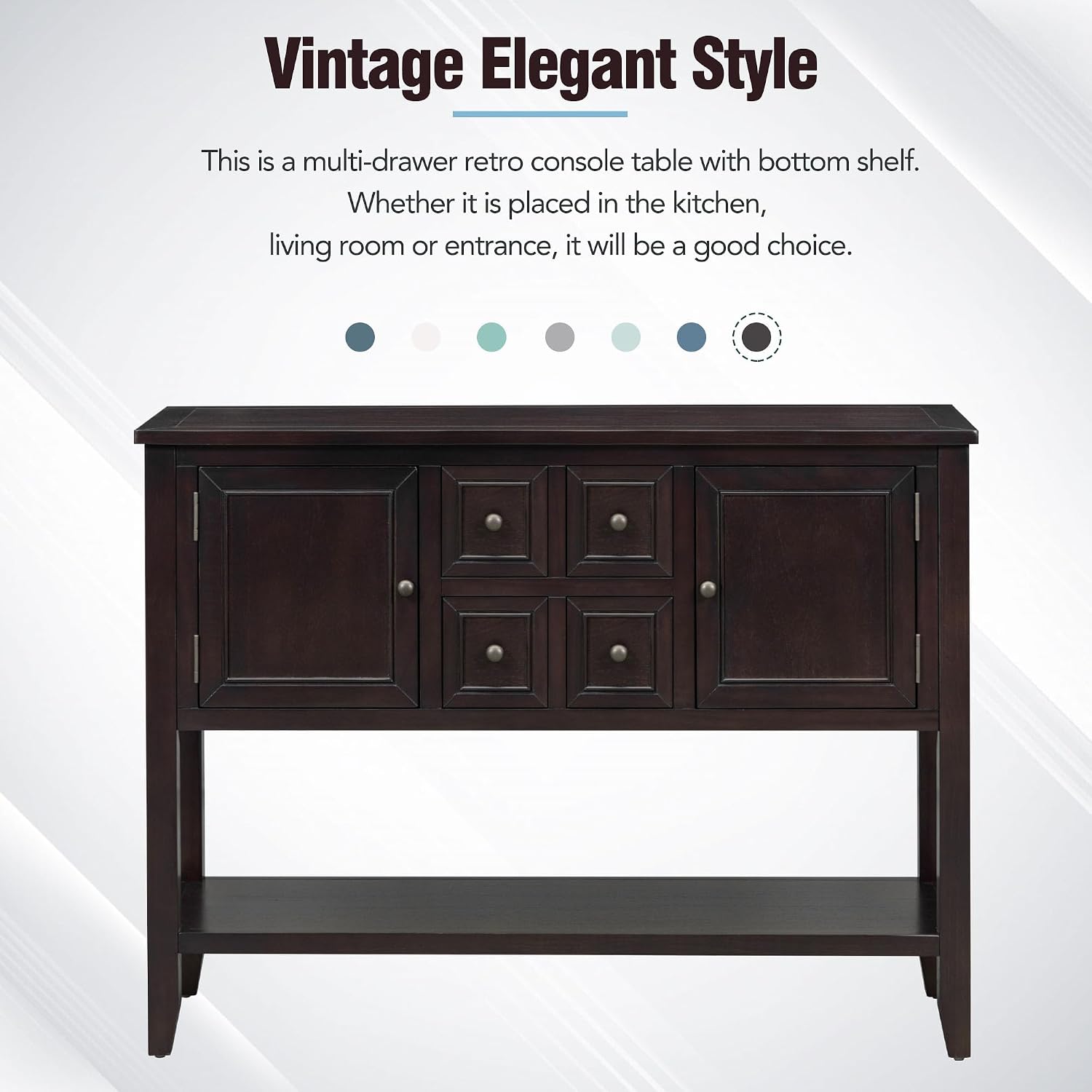 Knocbel Vintage Wood Console Table Buffet Sideboard with 4 Storage Drawers, 2 Cabinets & Bottom Shelf, Entryway Hallway Foyer Table Cupboard Coffee Bar Cabinet (Espresso 44.5")