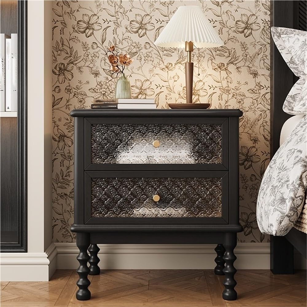 Vintage Wooden Nightstand Antique Bedside Table with 2 Floral Glass Drawers Mid-Century Modern Storage Cabinet End Table Creative idea(Black)
