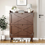 Shoe Storage Cabinet with 2 Flip Drawers & Adjustable Shelves, Freestanding Shoe Cabinet with Side Hooks Narrow Shoe Rack Cabinet for Entryway, Hallway, Rustic Brown