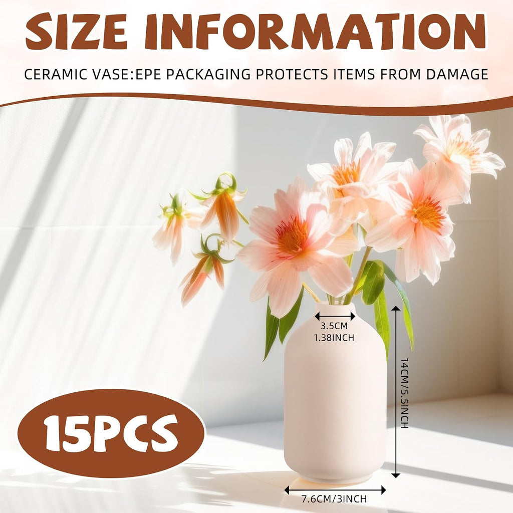 Tioncy 15 Set 5.5"*3" White Ceramic Bud Vases Bulk Boho Valentine's Day Decoration Centerpieces Small Flower White Ceramic Vases for Dry Flowers Pampas Grass Home Wedding DIY Table Decor