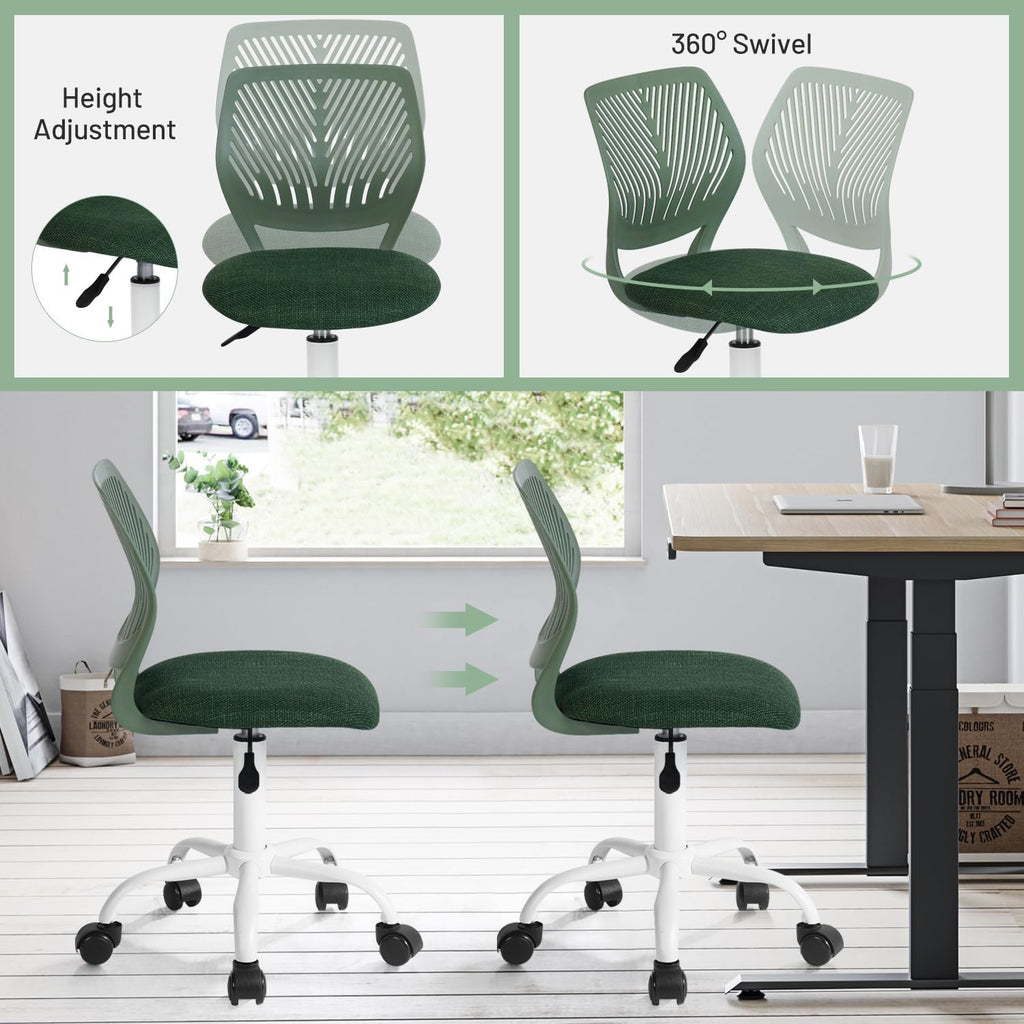 FurnitureR Kids Swivel Desk Chair, Height-Adjustable Armless Study Chair with Fabric Cushion & Ventilated Backrest, Smooth-Rolling Task Chair for Children & Teens, Perfect, Green