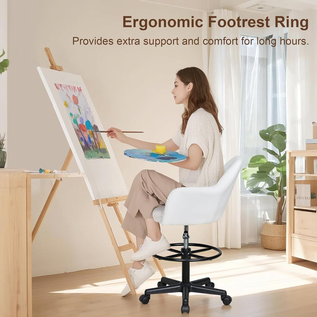 VECELO PU Leather Drafting Chair with Low Back and Footrest Ring, Height Adjustable, Swivel Rolling Wheels, for Drawing/Standing Desk/Office, White