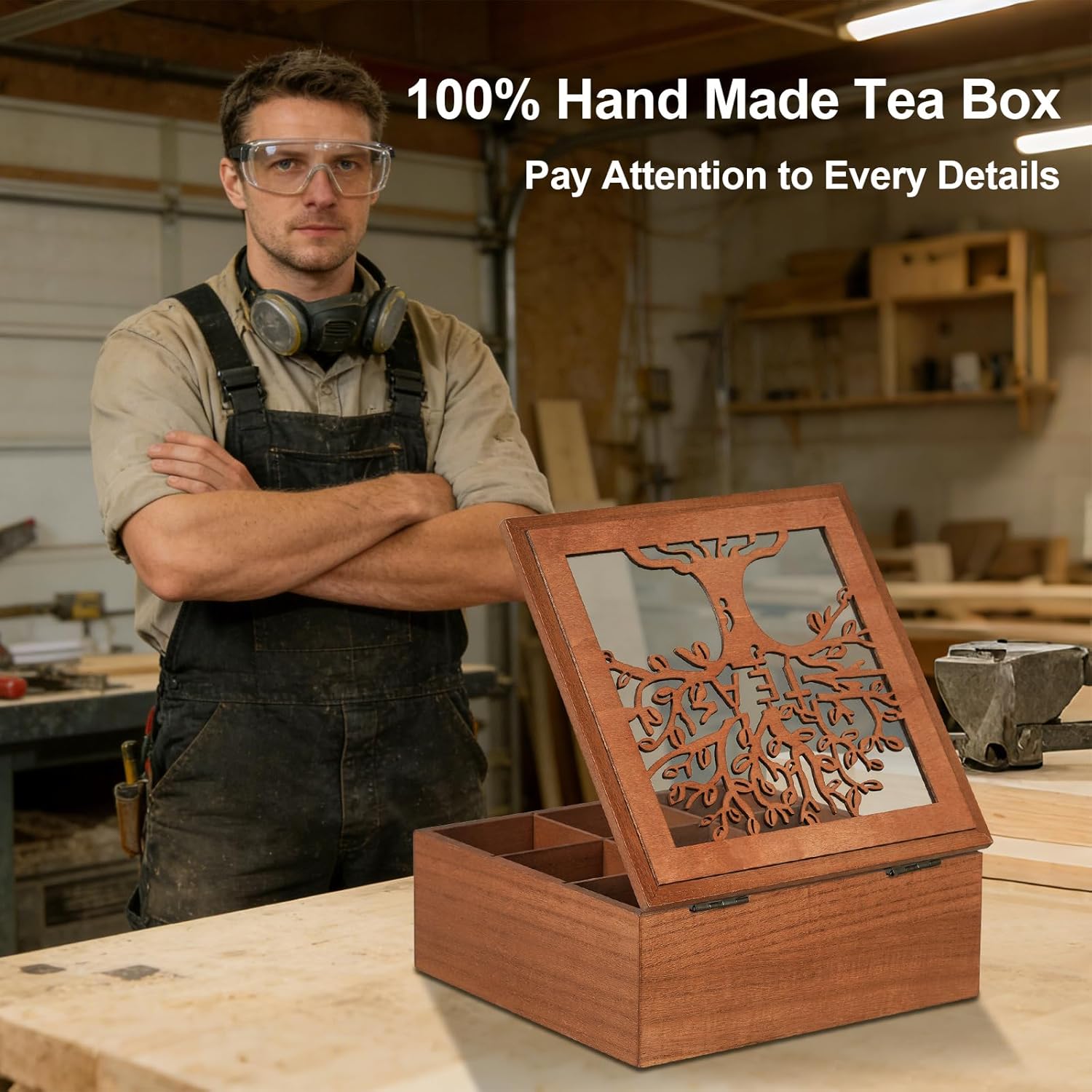 Wood Tea Box Organizer,Tea Organizers and Storage with Tree Pattern,Tea Bag Holder,Decorative Tea Storage Organizer Box,9 Compartments Tea Organizer for Tea Bags Coffee