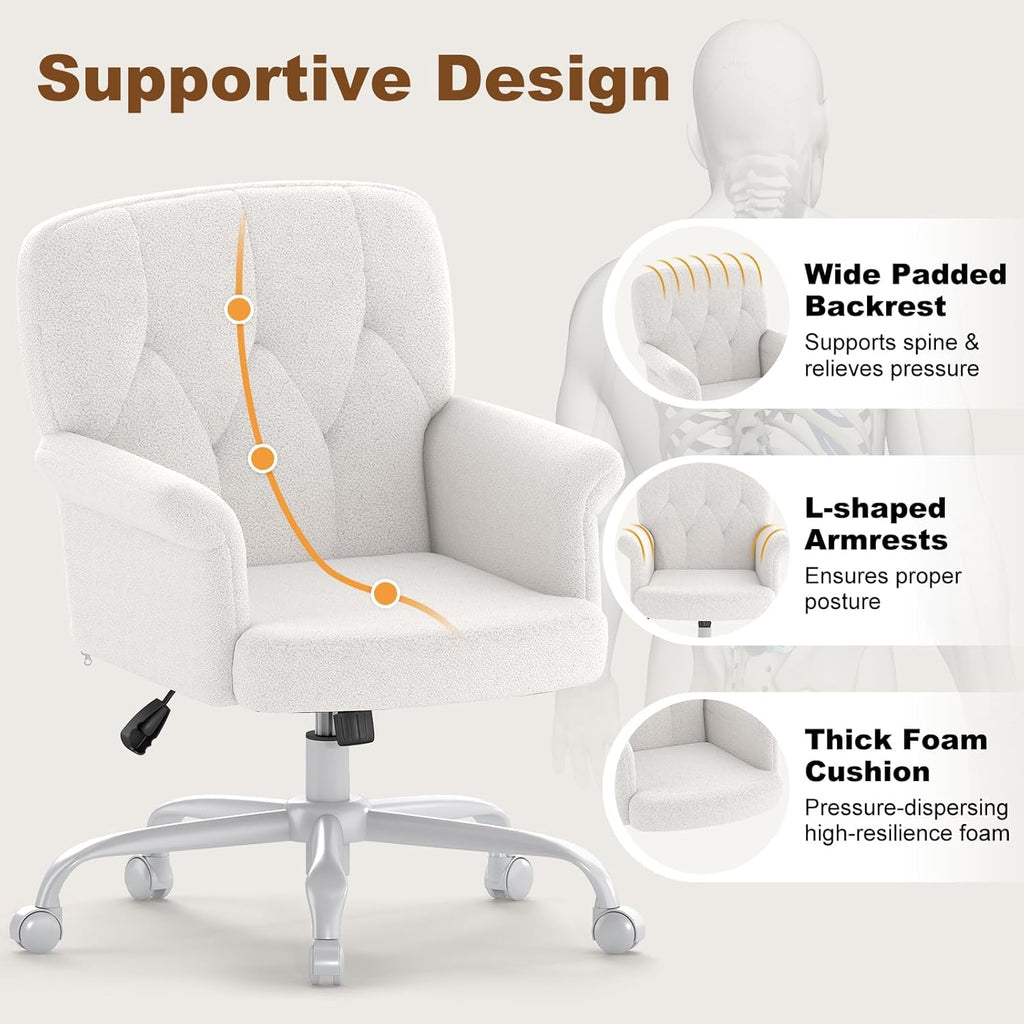 Comfy Home Office Desk Chair, Upholstered Fuzzy Vanity Chair with Wheels and Arms, Modern Adjustable Swivel Computer Seat for Make Up, Home Office, Living Room, Bedroom, Teddy Fleece, White
