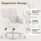 Comfy Home Office Desk Chair, Upholstered Fuzzy Vanity Chair with Wheels and Arms, Modern Adjustable Swivel Computer Seat for Make Up, Home Office, Living Room, Bedroom, Teddy Fleece, White