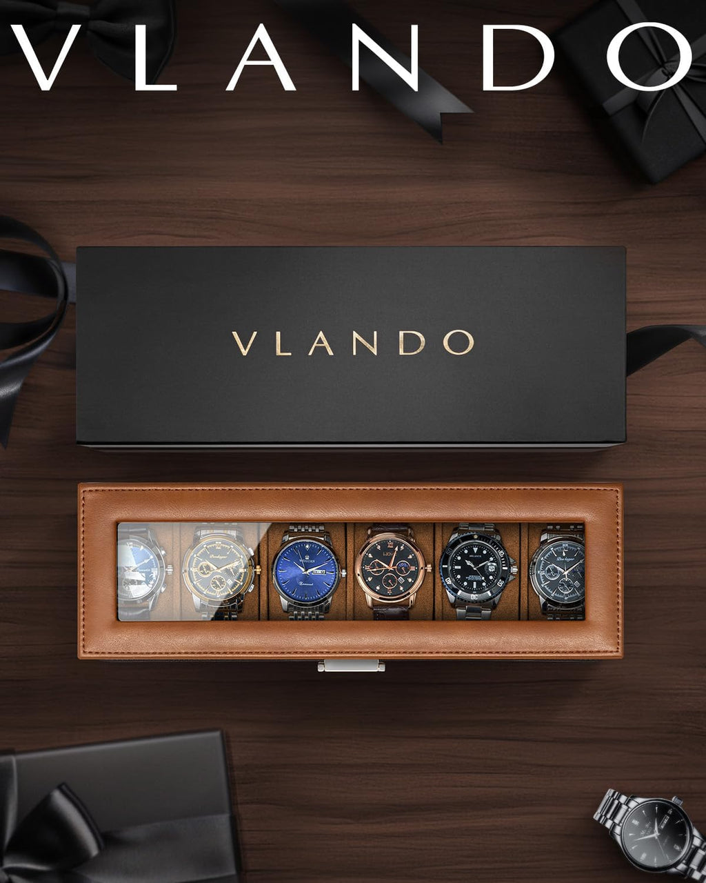 VLANDO Watch Box for Men, 6 Slot 2 Layer Watch Case, Brown | 6 slot 2 layer watch case with glass lid, lockable closure and lower storage for rings, keys and cufflinks
