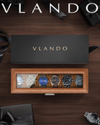 VLANDO Watch Box for Men, 6 Slot 2 Layer Watch Case, Brown | 6 slot 2 layer watch case with glass lid, lockable closure and lower storage for rings, keys and cufflinks