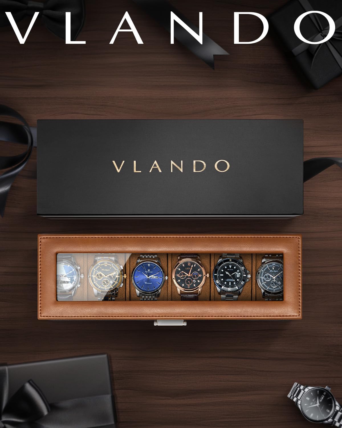 VLANDO Watch Box for Men, 6 Slot 2 Layer Watch Case, Brown | 6 slot 2 layer watch case with glass lid, lockable closure and lower storage for rings, keys and cufflinks