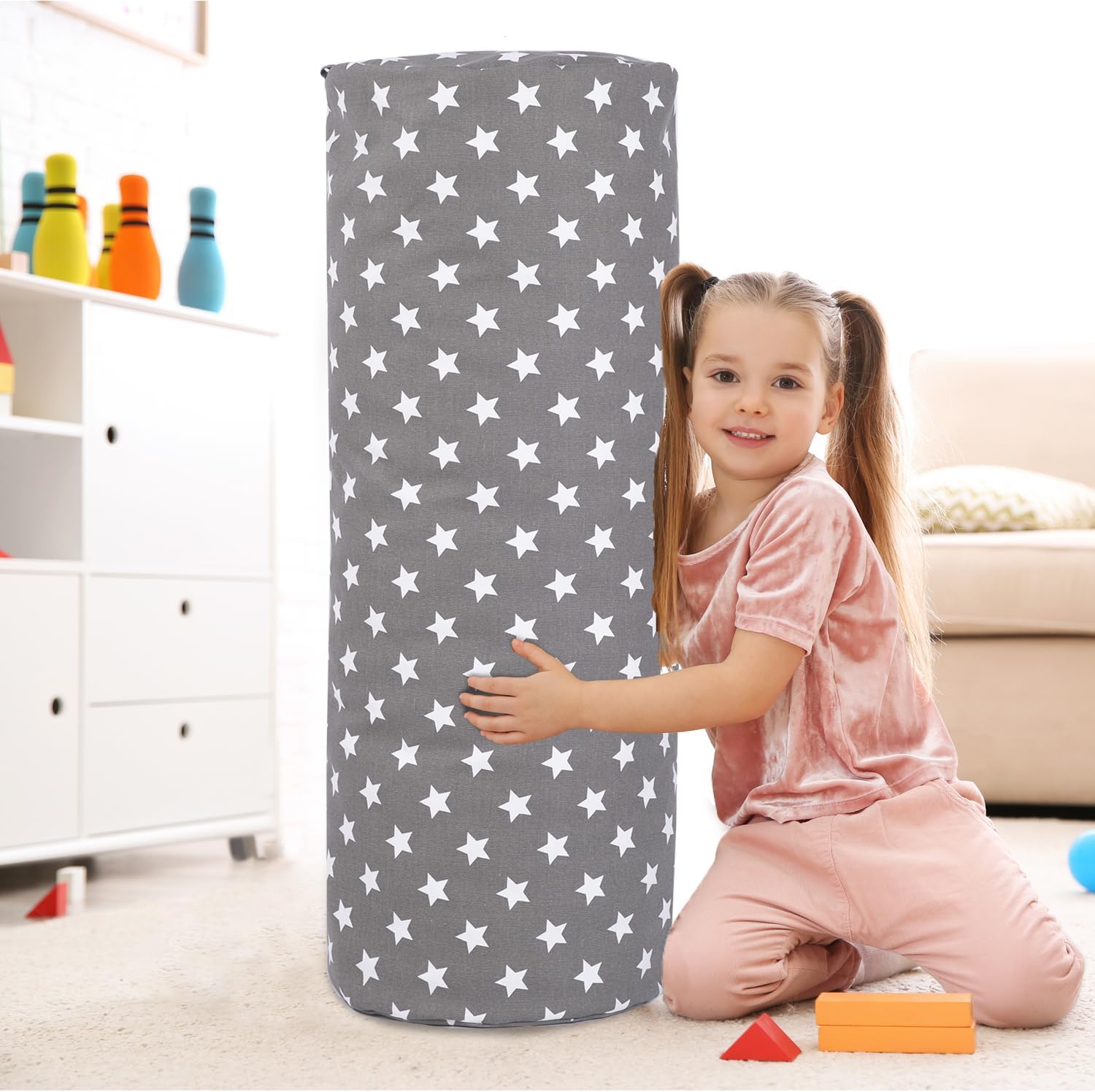 Stuffed Animal Storage Bean Bag Chair Cover (No Filler), Cylinder Plush Toy Storage Stuff and Sit Seat for Kids Boys and Girls, Canvas Large Soft Sit & Play Sofa with YKK Zipper