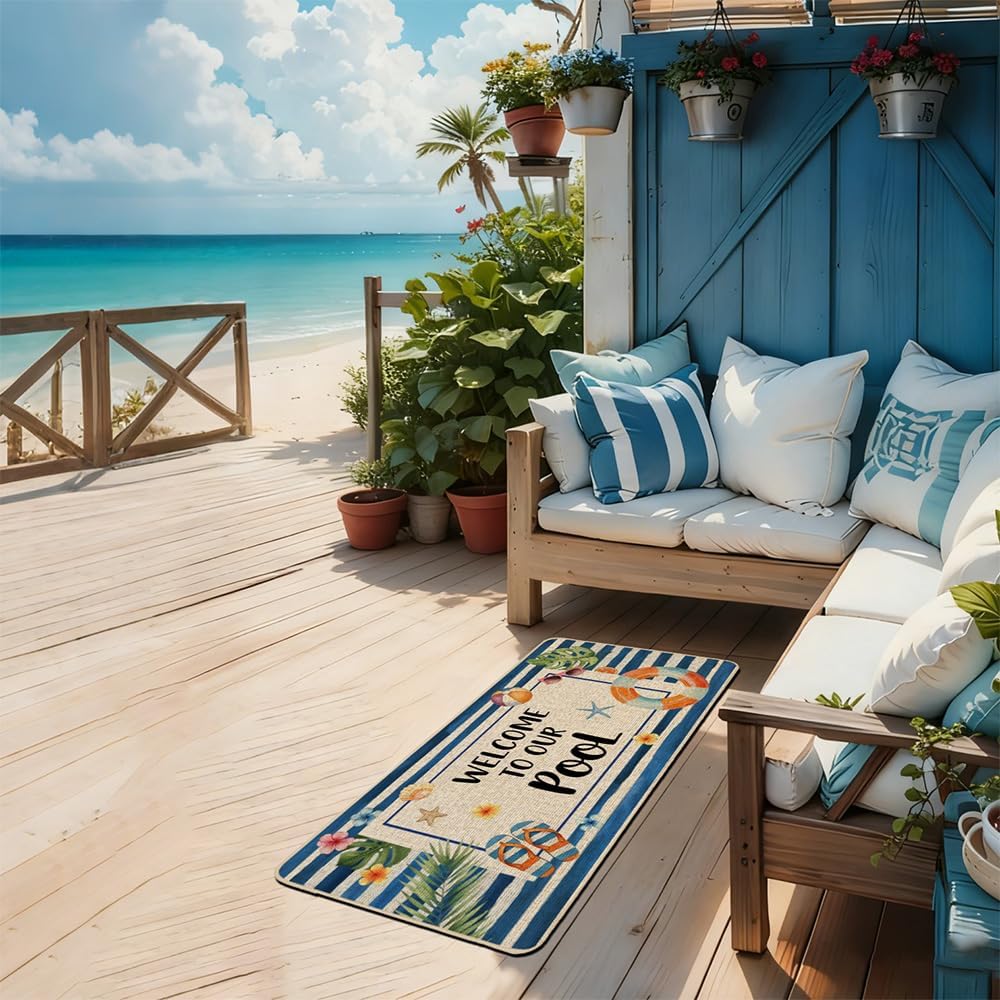 Baccessor Summer Pool Doormat 17x36 Inch Long, Welcome to Our Pool Tropical Poolside Low Profile Door Mat Non-Slip Rubber Backing for Floor Entrance Seasonal Outside Patio Porch Home Decor