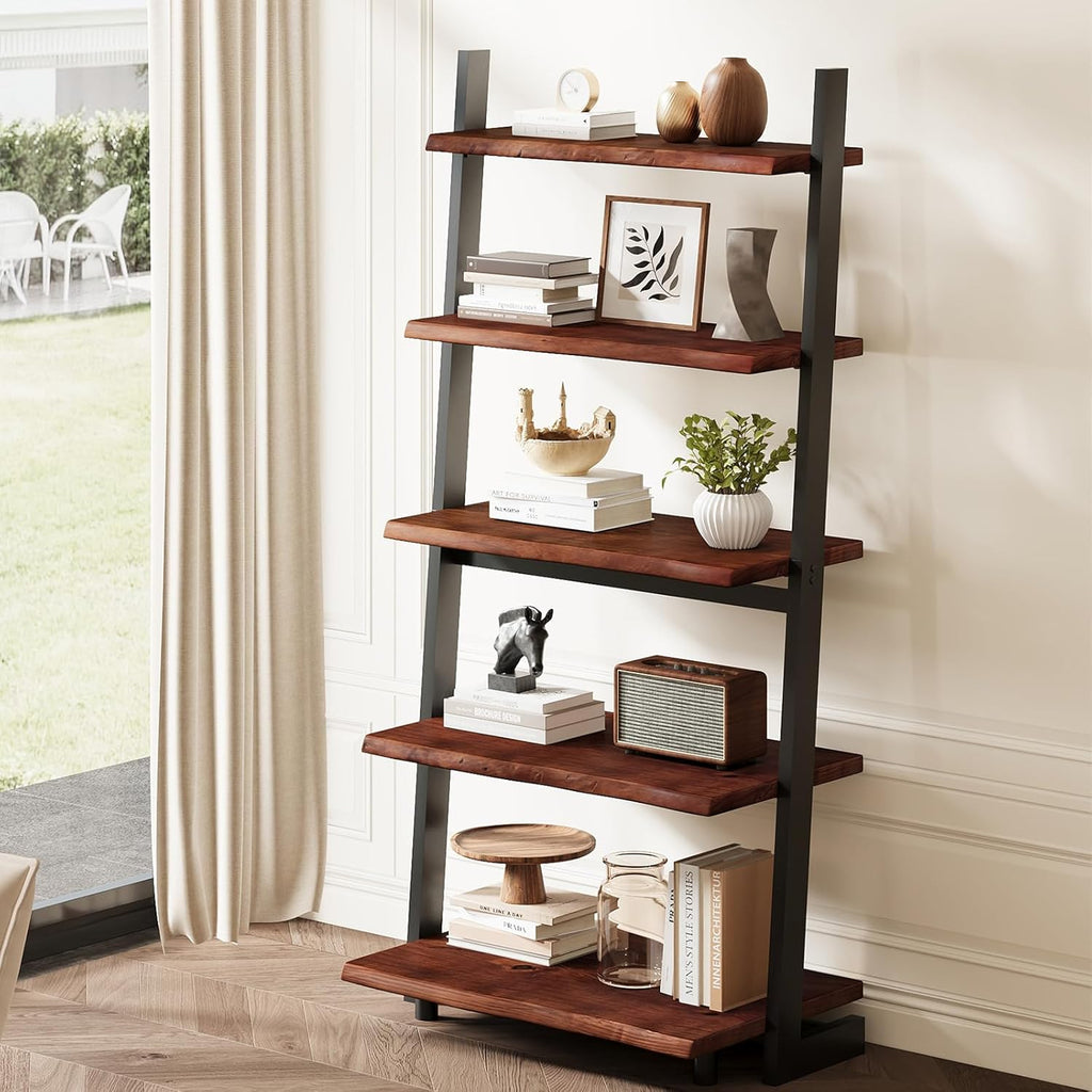 IBF 5-Tier Solid Wood Ladder Bookshelf with Natural Live Edge, Rustic Walnut Storage & Display Leaning Bookcase, Modern Space-Saving Shelf for Living Room, Bedroom, Home Office