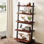 IBF 5-Tier Solid Wood Ladder Bookshelf with Natural Live Edge, Rustic Walnut Storage & Display Leaning Bookcase, Modern Space-Saving Shelf for Living Room, Bedroom, Home Office