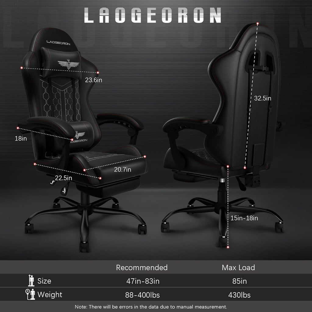 Gaming Chair, Heavy Duty Ergonomic Computer Gaming Chairs, High Back Video Game Chairs, 400 lbs Lumbar Support Linked Armrests Adult sillas Gamer with Retractable Footrest (Black)