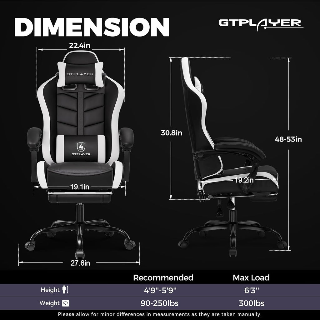 GTPLAYER Gaming Chair for Adults, Ergonomic Computer Gaming Chair with Footrest, Height Adjustable, 90-155° Recline & Removable Headrest Lumbar Support, White