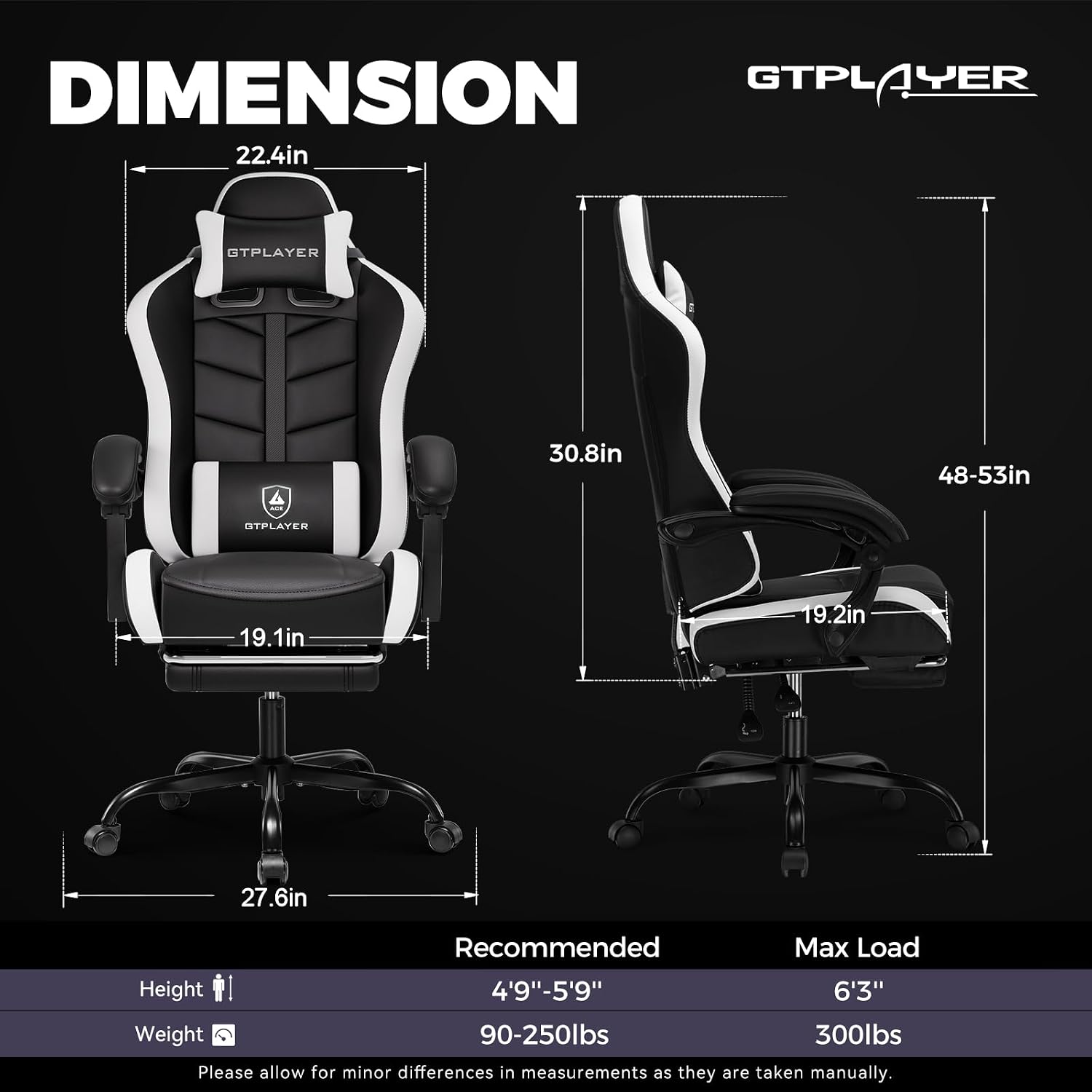 GTPLAYER Gaming Chair for Adults, Ergonomic Computer Gaming Chair with Footrest, Height Adjustable, 90-155° Recline & Removable Headrest Lumbar Support, White