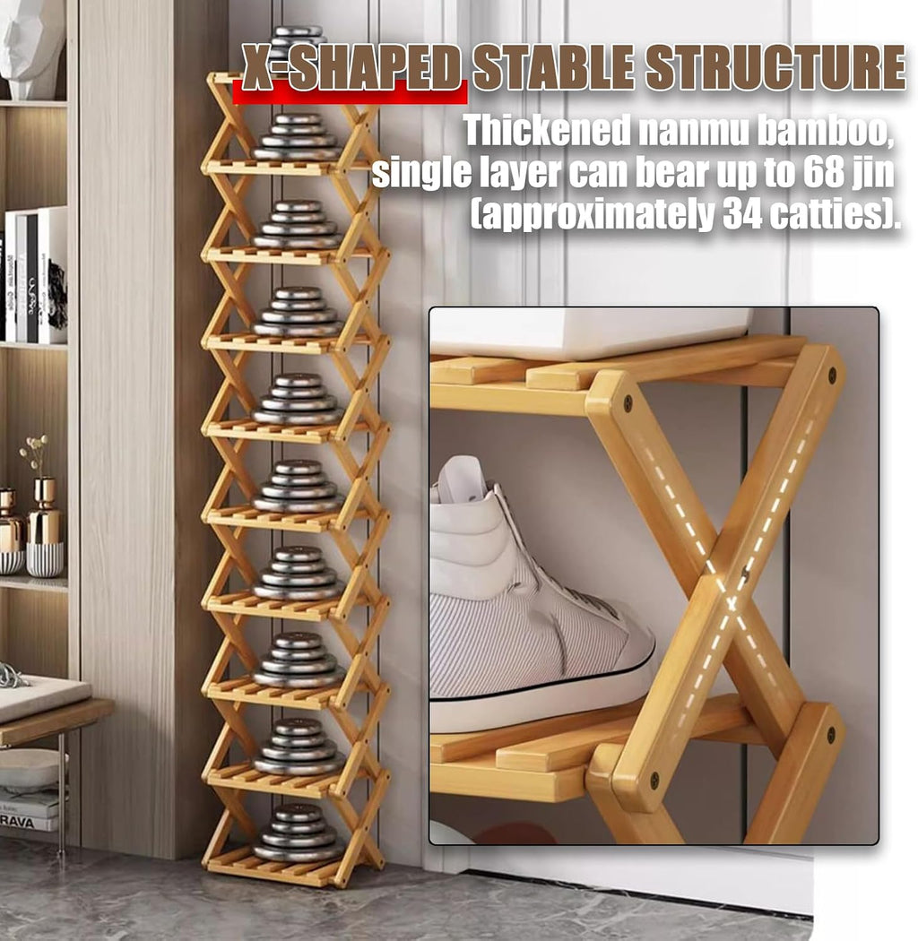 The 9-Tier No-Assembly Bamboo Rack, Foldable Space-Saving Organizer for Shoes, No Assembly Narrow Shoe Shelf for Entryway Closet Dorm (Brown, 9)
