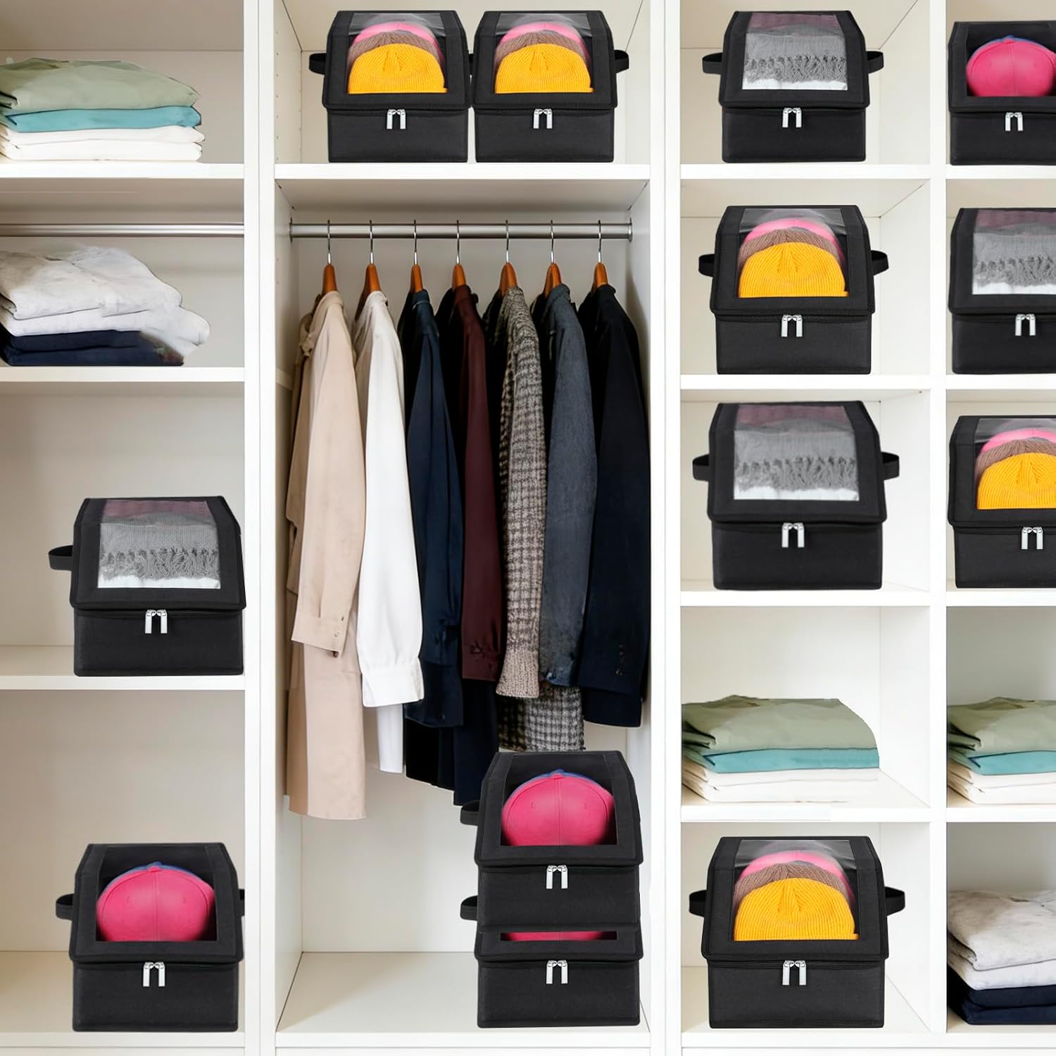 2 Pack Hat Storage for Baseball Caps-Holds Up to 28 Caps, Hat Organizer for Closet Stackable Hat Box with Cardboard, Dust-proof Beanie organizer with 2 Handles for Home Travel (Black, 2Pack-Small)